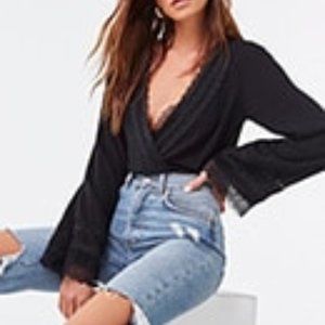 Black Lace Trim Bell Sleeve Bodysuit